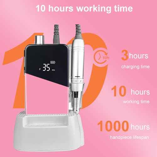 Professional Cordless Nail Drill Machine - Rechargeable Electric Nail File, 35,000 RPM Efile for Acrylic Gel Nails, Pedicure & Manicure Tools with LCD Screen, 13 Drill Bits (Pink)