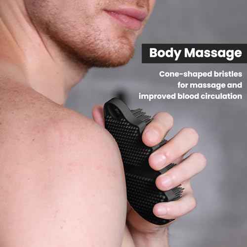 Silicone Body Scrubber Silver-Infused Dual-Sided 3-in-1 for Shower, Body Cleaning+Massage+Exfoliator Body Brush Buffer for Men and Women, Silicone Loofah, Non-Slip Handle (Black)