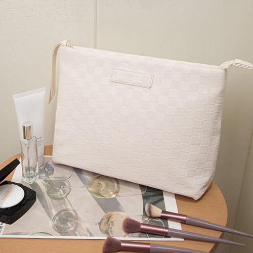 cirea Creamy Puffer Large Capacity Travel Cosmetic Bag for Women Skincare Care with Compartments White Makeup Bag (Plaid-Coffee)