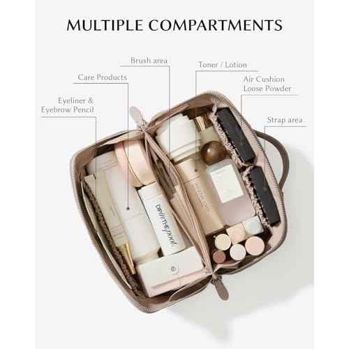 EACHY Leather Makeup Bag, Portable 180¡Æ Wide-Open Flat Cosmetic Bag for Women, Large Capacity Make Up Organizer Makeup Pouch with Divider and Handle