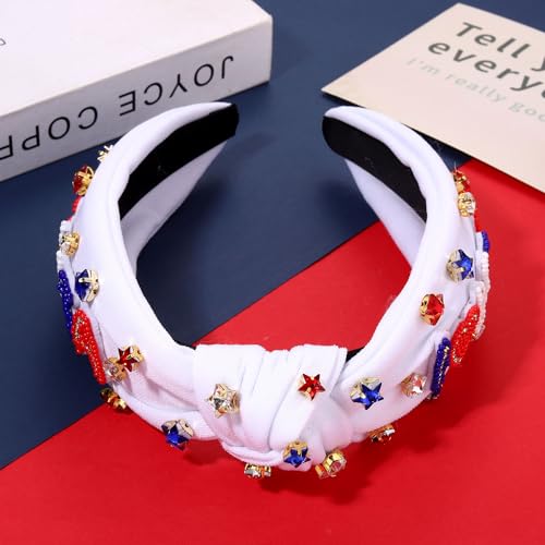 4th of July Headbands for Women American Flag Headband Patriotic Red Blue White Star Knotted Headband Embellished Rhinestone Wide Top Knot Headband 4th of July Hair Accessories Outfits Gifts (White 4)