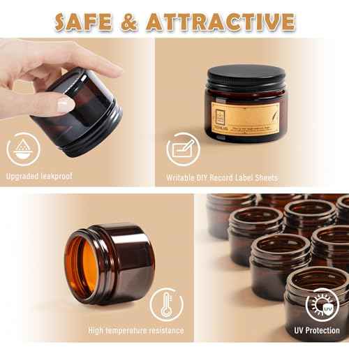 1.75 oz Glass Jars with Lids,Amber,12 Pack Empty Cosmetic Containers with Inner lids and Inner Liners,Black Metal Lids,Refillable Round Airtight Jars,Use to store Lotion,Powders,Candle Making