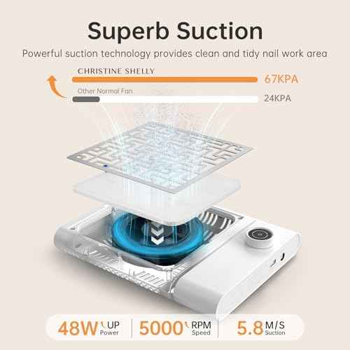 Nail Dust Collector, Bling Diamond Cordless Rechargeable 5000RPM Vacuum Nail Tech Fan Extractor, 12000mAh Professional Nail Duster Suction, Low Noise, Salon&Home