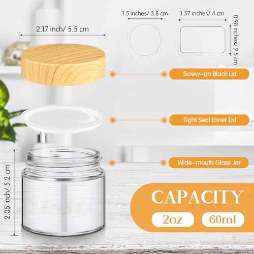 Layhit 36 Pcs 2oz Glass Jars with Lids Clear Small Jars with Plastic Woodgrain Lids, White Labels and Inner Liners Empty Round Cosmetic Containers for Creams Lotions Candle Making (2oz/ 60ml)