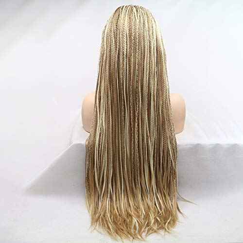 Highlight Blonde Box Braided Wig Micro Lace Front Wigs for Women Long Braid Synthetic Hair Wig Glueless Lace Wig Natural Hairline Synthetic Heat Resistant Fiber Hair for Women 26Inch(Brown)
