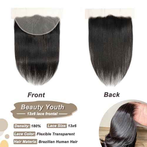 beauty youth 13x6 Lace Frontal with Baby Hair 16inch Transpent HD Transpare Frontal Pre Plucked 12A Lace Closure Free Part Brazilian Virgin Human Hair Lace Frontal with Bangs 180% Density