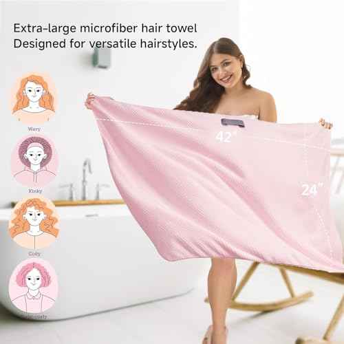 Large Microfiber Hair Towel Wrap & Satin Bonnet Set for Women, Ultra Absorbent Turban 24x42 Inches & Adjustable Night Cap for Curly Hair, Prevents Frizz & Breakage, Stocking Stuffers