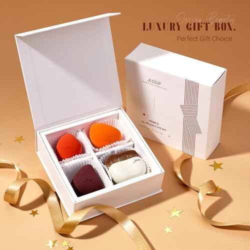 Jessup Foundation Brush with Makeup Sponge Set, 1pc Flat Top Kabuki Brush and 3pcs Make up Sponges for Concealer Blending Blush Powder Buffing Stippling with Gift Box, T505