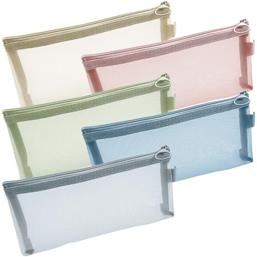 Aswewamt 5Pcs Zipper Mesh Bags, 7.9" x 4" Clear Cosmetic Bags, Multi-functional Travel Accessories for Makeup Brushes, Purse