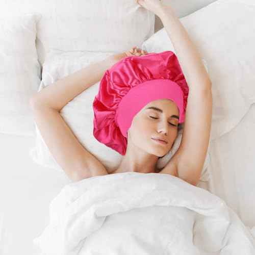 Lawie 8 Pack Colors Satin Lined Silky Sleeping Bonnets Shower Caps Curly Long Hair Protector Night Large Adjustable Wide Brim Band Sleep Hats Hair Wraps for Women Girls (Feminine Colors)