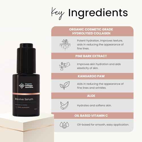 Organic Collagen Australia Revive Serum ? Hydrating Face Serum with Hydrolyzed Collagen, Aloe Vera, Pine Bark Extract & Vitamin C ? Smooths Fine Lines, Nourishes, & Softens Skin (1 oz)