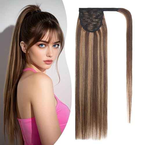 S-noilite Wrap Around Ponytail Extension Human Hair #4P27 Medium Brown Mix Dark Blonde Ponytail Extensions Real Remy Hair 22inch Long Straight Clip in Human Hair Ponytail 95Grams