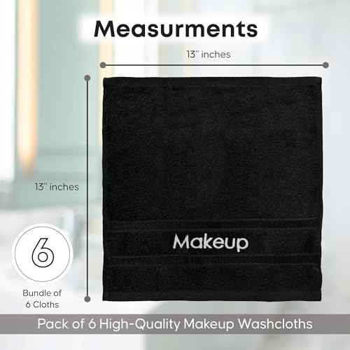 Makeup Towels - Pack of 6 - Soft Cotton Wash Cloths for Face & Makeup Removal, Airbnb Essentials for Hosts, Luxury Washcloths (13x13 Inches. Black)