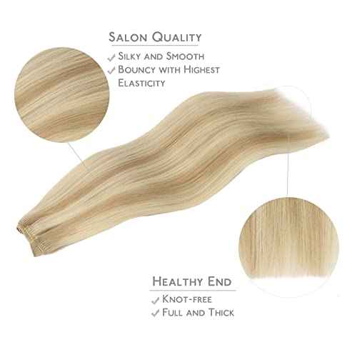 WENNALIFE Sew in Hair Extensions Real Human Hair, 22 Inch 110g Light Blonde Highlighted Golden Blonde Machine Weft Remy Hair Hand Tied Weft Straight Extensiones De Cabello Hmano