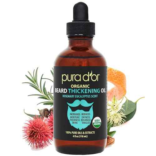 PURA D'OR 4 Oz Thickening Beard Oil ? Moisturizing Blend with Rosemary, Biotin & Castor Oil ? Increases Moisture, Thickness and Shine - Reduces Dryness and Breakage