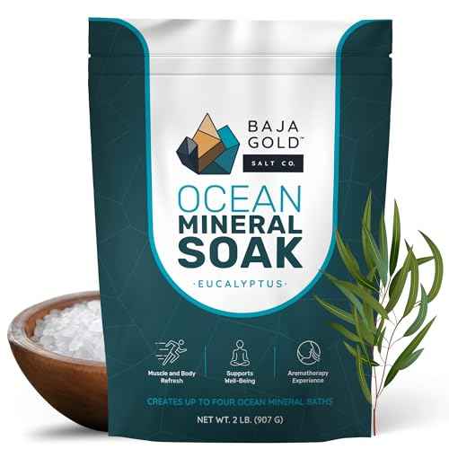 Baja Gold Ocean Mineral Soak ? Natural Magnesium Bath Soak & Trace Elements | Relaxing, Clean Ingredient Soak for Bath, Muscles, Relaxation & Skin Care | Pure, Vegan, 2 Lb Resealable Bag, Eucalyptus