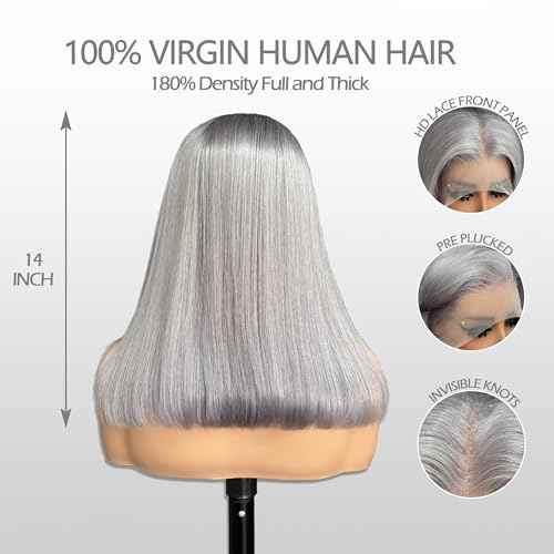 Grey Bob Wigs Human Hair 13x4 Lace Front Wigs Glueless Brazilian Remy Hair Straight for Women 8 Inch Pre Plucked Natural Hairline 180% Density Dark Grey HD Lace Frontal Short Bob Wigs