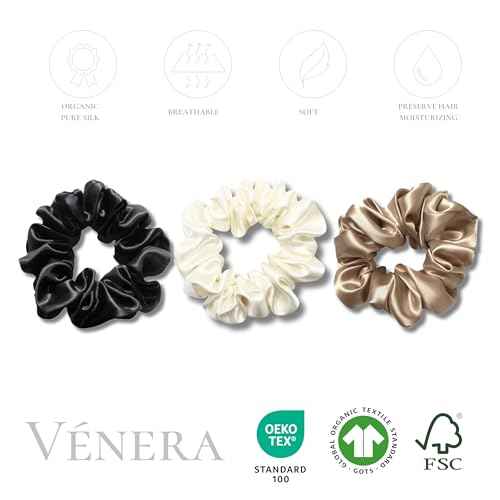 100% Pure 22 Momme Mulberry Silk Scrunchies -Frizz&Breakage Prevention-Hair Care Ponytail Holders for Women- Silk Hair Ties (Black, White, Caramel)