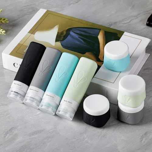 INSFIT 8 Pack Silicone Travel Bottles & Cream Jars with Toiletry Bag, 3oz Leakproof Containers & 2oz Jars with Waterproof Labels, BPA-Free Squeezable Toiletries Set for Shampoo, Lotion, Cosmetics