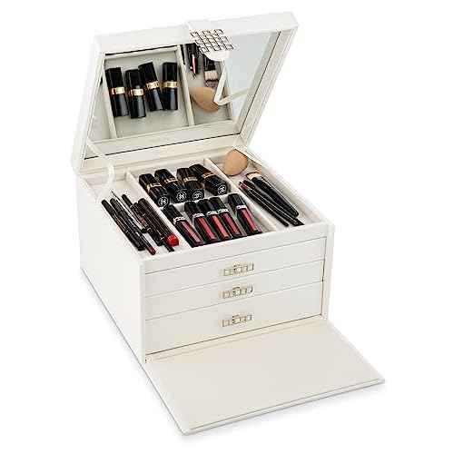 Glenor Co Makeup Organizer - Extra Large Exquisite Case w Modern Closure, 4 Drawer Trays & Full Mirror - Huge Cosmetic Storage Jewelry Box for Dresser, Counter-top & Vanity - PU Leather - White