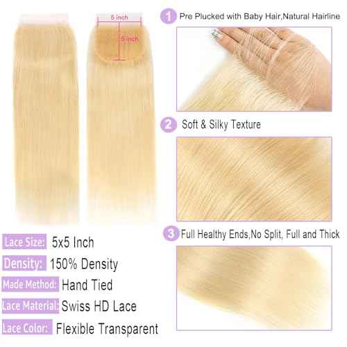 613 Closure Straight Blonde 5x5 HD Lace Closure Human Hair Extensions 12A Brazilian Virgin Remy Free Part 100% Blonde Human Hair Closure Pre Plucked With Baby Hair 14 Inch