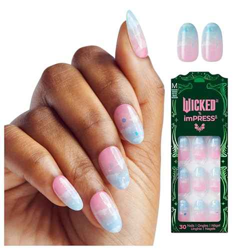 WICKED X imPRESS Press On Nails, New Improved Adhesive, Up To 10 Day Hold, ¡®Destined To Fly¡¯, Pink/Sky Blue, Medium Oval, Includes 30 Fake Nails, 1 Prep Pad, 1 Manicure Stick, 1 Mini File