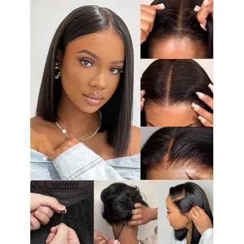 Nadula Bye Bye Knots Glueless Straight Bob Drawstring Wig Human Hair Pre Plucked, Pre Cut 7x5 HD Lace Front Wigs Invisible Bleached Knots Ready to Wear Pre Everything Short Bob Wig 150% Density 12inch