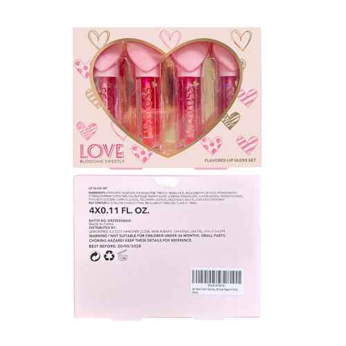 4pc Heart Charm Lip Gloss Stick for Girls - Glossy Fruity Lip Set | Non Toxic Party Favors, Teen Makeup Gift with Cute Topper (4 Pack)