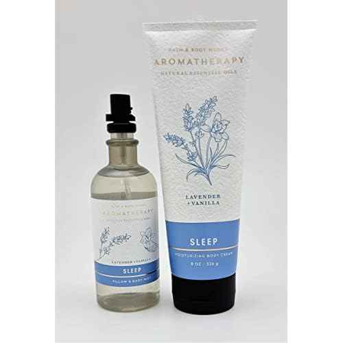 Bath & Body Works - Aromatherapy - Lavender Vanilla ? Sleep - 2 pc Bundle - Pillow and Body Mist - 5.3 fl oz - & Body Cream - 8 oz