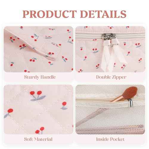Prite Large Cosmetic Bags for Women Cute Makeup Bag Floral Coquette Aesthetic Toiletry Bag Travel Make Up Organizer Bag (Cherry)
