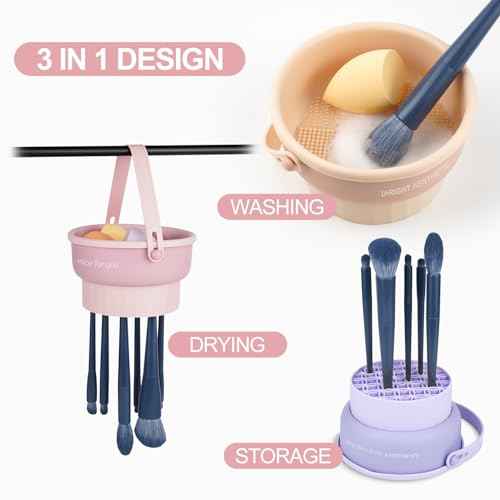 Makeup Brush Cleaner Mat 3 in 1 Silicone Makeup Brush Cleaner Bowl Cosmetic Brushes Cleaning Tool Makeup Cleaner for Brushes (Pink) (Pink)