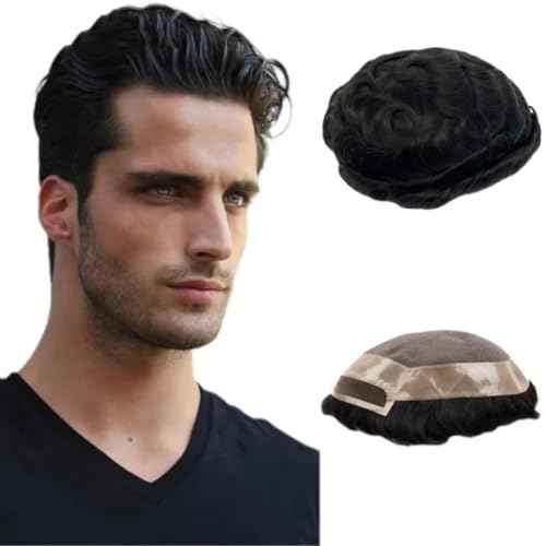 Toupee for Men PU+Lace Base Real European Human Hair Pieces for Mens Hair Prosthesis Patch Units Hair Replacement System for Men (6x9")