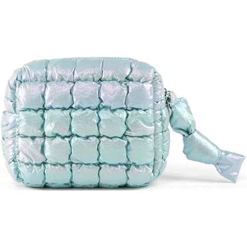 Yarnic Quilted Makeup Bag Puffy Cosmetic Bag, Quilt Travel Toiletry Bag Puffer for Women, Cute Makeup Bag Organizer Soft Cosmetic Pouch (Iridescent Blue, S)