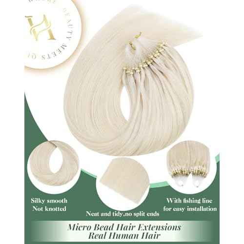 Ugeat Micro Ring Hair Extensions for Long Length 24 Inch Platinum Blonde Micro Beads Real Human Hair Extensions Flexible Microloop for Natural Looking 50S 50S