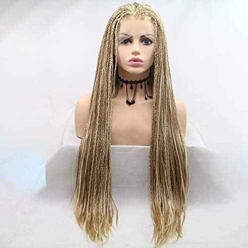 Highlight Blonde Box Braided Wig Micro Lace Front Wigs for Women Long Braid Synthetic Hair Wig Glueless Lace Wig Natural Hairline Synthetic Heat Resistant Fiber Hair for Women 26Inch(Brown)