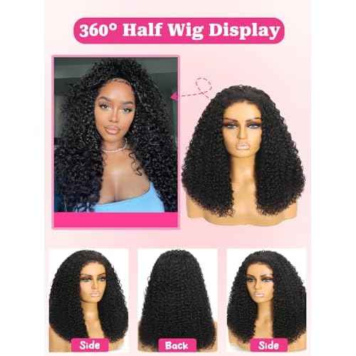 yosly Half Wig Human Hair Water Wave Glueless Wigs Curly Half Wig 3 In 1 Adjustable Drawstring Seamless Flip Over Invisible Hairline Wear Go Beginner Friendly Curly Half Wigs for Women 16 Inch