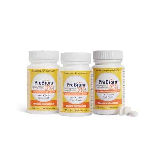 ProBiora Kids Oral-Care Chewable Probiotic Tablets | Probiotic Supplement Designed Specifically for Kids | Healthier Teeth & Gums | Fresher Breath | Whiter Teeth (30 Count (Pack of 3), Orange)