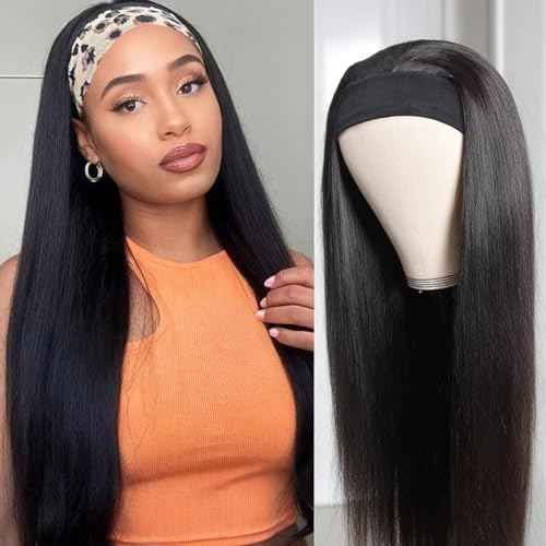 Headband Wig Human Hair Straight Headband Wigs for Black Women Glueless None Lace Front Wig Brazilian Virgin Human Hair 150% Density Natural Color 26 Inch
