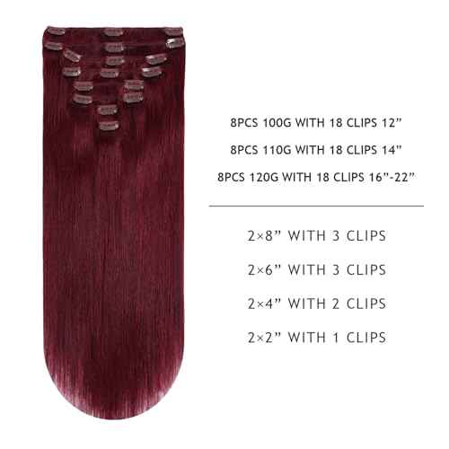 YILITE Hair Extensions Clip in Human Hair 8Pcs 120Gram/Pack Burgundy Silky Remy Human Hair Double Weft Straight Real Hair Extensions Clip ins Thick (18inches #99J Burgundy£©