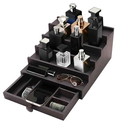 5 Tier Cologne Organizer for Men - Wooden Black Cologne Perfume Display Stand with Drawer and Hidden Compartment, Mens Cologne Holder Shelf for Organizing and Storing