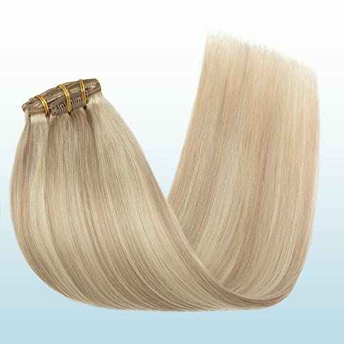 Elailite Clip in Human Hair Extensions, 125g 16 Inch 7pcs #16P22 Light Blonde Highlighted Golden Blonde 100 Real Human Hair, Double Weft Soft Natural Straight Brazilian Remy Human Hair for Women