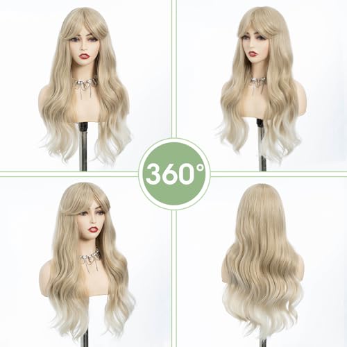 REBECCA STYLE Long Blonde Wig with Bangs 24 Inch Long Wavy Wigs with Bangs for Women Synthetic Curly Wigs Hair Replacement Wigs for Girls Daily Party Use Natural Looking (Ash Blonde)