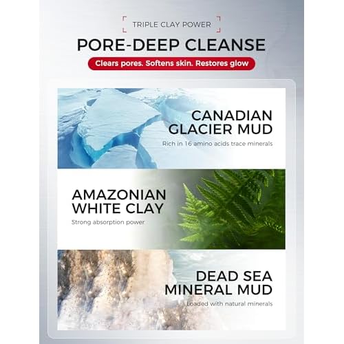 Clay Mask for Face Sensitive Skin: Triple Mud Formula, Deep Pore Cleansing, Hydrating, Oil Balancing, Smoothing, Pore Refining ? 3.88 Oz