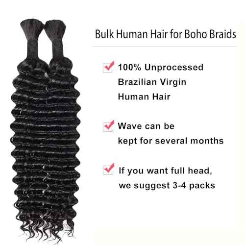 20 Inch Human Braiding Hair for Boho Braids Human Hair 100g 2 Bundles Deep Wave Bulk Human Hair for Braiding No Weft Curly Braiding Hair Bulk Hair Extensions Real Human Hair Natural Color