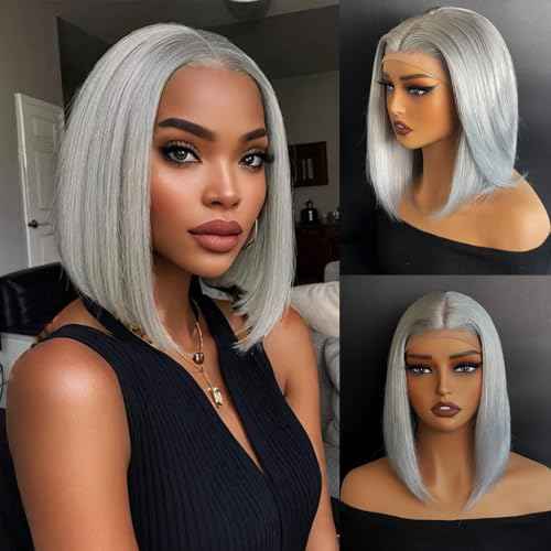 Silver Grey 13x4 Lace Front Bob Wig Brazilian Virgin Human Hair Wig Pre Plucked Hairline with Baby Hair UHD Transparent Lace Natural Looking Bleach Knots Glueless Wigs for Women 180% Density 10 Inch