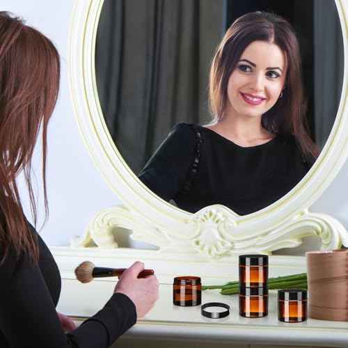 Tanlade 100 Pcs 2 oz Amber Plastic Cosmetic Jars with Lids Empty Leak Proof Container Refillable Cosmetic Jars Airtight for Cream, Lotion, Powder, Ointment, Beauty Products Travel Storage(Round)