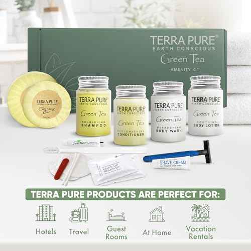 Terra Pure Green Tea Amenity & Accessory Kit | 1 oz Travel Size Shampoo, Conditioner, Lotion, Body Wash, 2 Soap Bars, Shave & Dental Sets, Make-Up Remover Wipes, & Vanity Kit | 60 sets per case