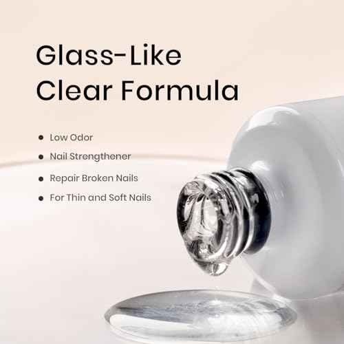 RARJSM Clear Fiber Glass Rubber Base Gel Nail Polish for Repair Broken Nails Strengthener Gel Base Coat Transparent Brush on BuildingGel in a Bottle Soak Off UV LED Curing Requires 15ml Salon Home