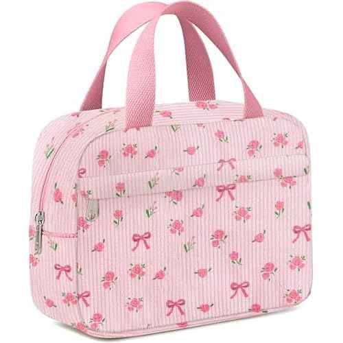 Small Makeup Bag for Purse Cute Corduroy Cosmetic Pouch with Zipper Travel Toiletry Bag for Women(Flower bow pink)