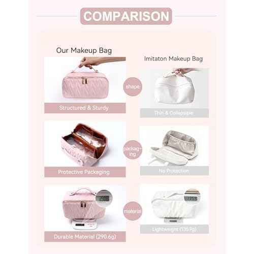 Travel Makeup Bag for Women, Large Capacity Cosmetic Bags for Girls, Compact Pouch Make up Organizer, Waterproof Toiletry Bag with Divider and Handle (Pink)